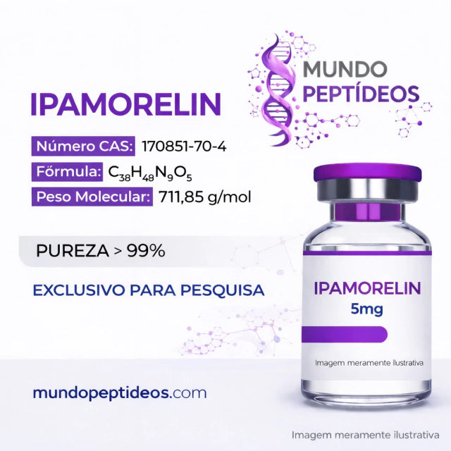 Ampola de Ipamorelin 5mg da Payt com diluente, usada para estimular crescimento muscular e recuperação rápida.
