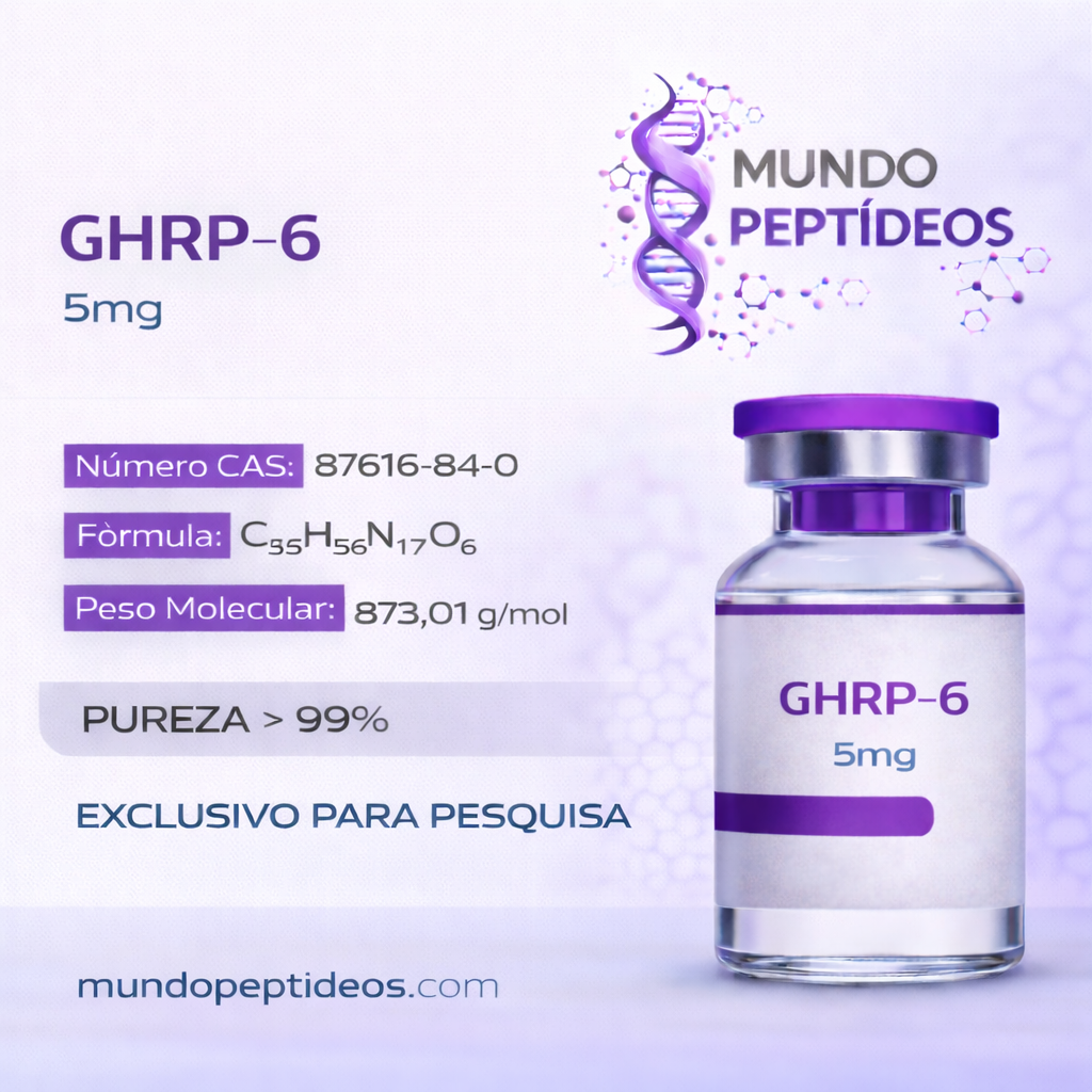 Frasco de GHRP-6 5mg da Payt, potencializando a produção de hormônio de crescimento, com rótulo azul e informações do produto.