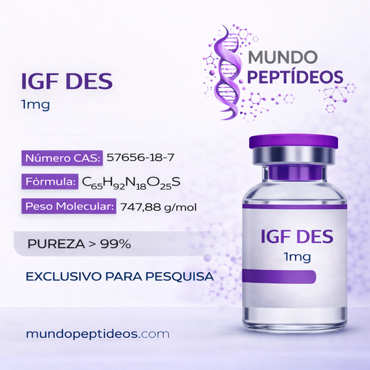 Frasco de IGF-1 DES 1mg da Payt, suplemento para crescimento muscular, com diluente para preparação.